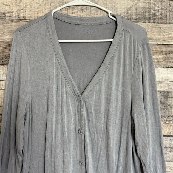 LOGO Lori Goldstein Cardigan Sweater Large Gray Layered Pockets - Picture 2 of 8